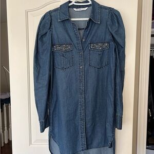 Denim Shirt Dress with Embellished Pockets